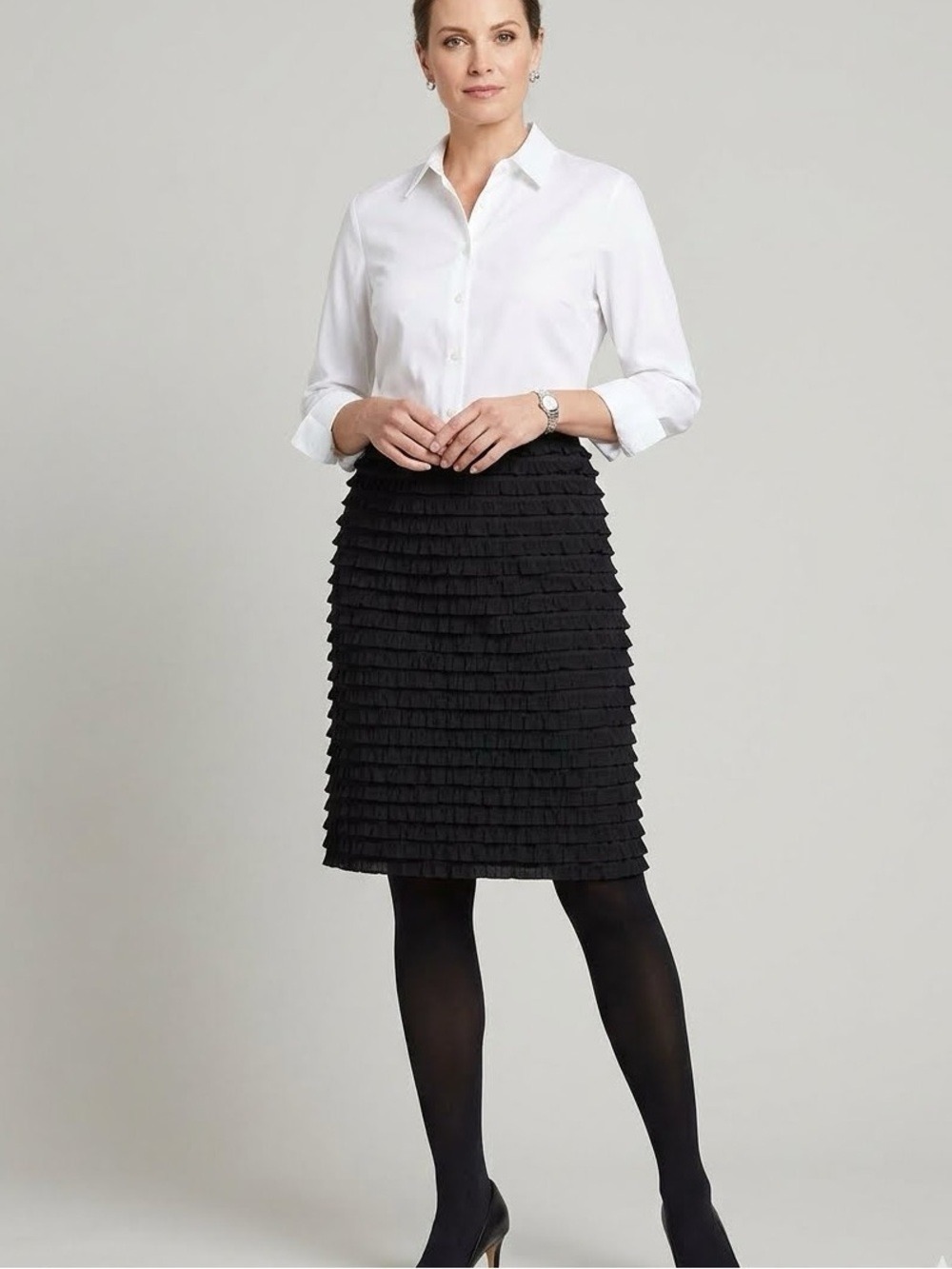 Frank Lyman Ruffle Stretch Jersey Pull On Midi Skirt, size 10